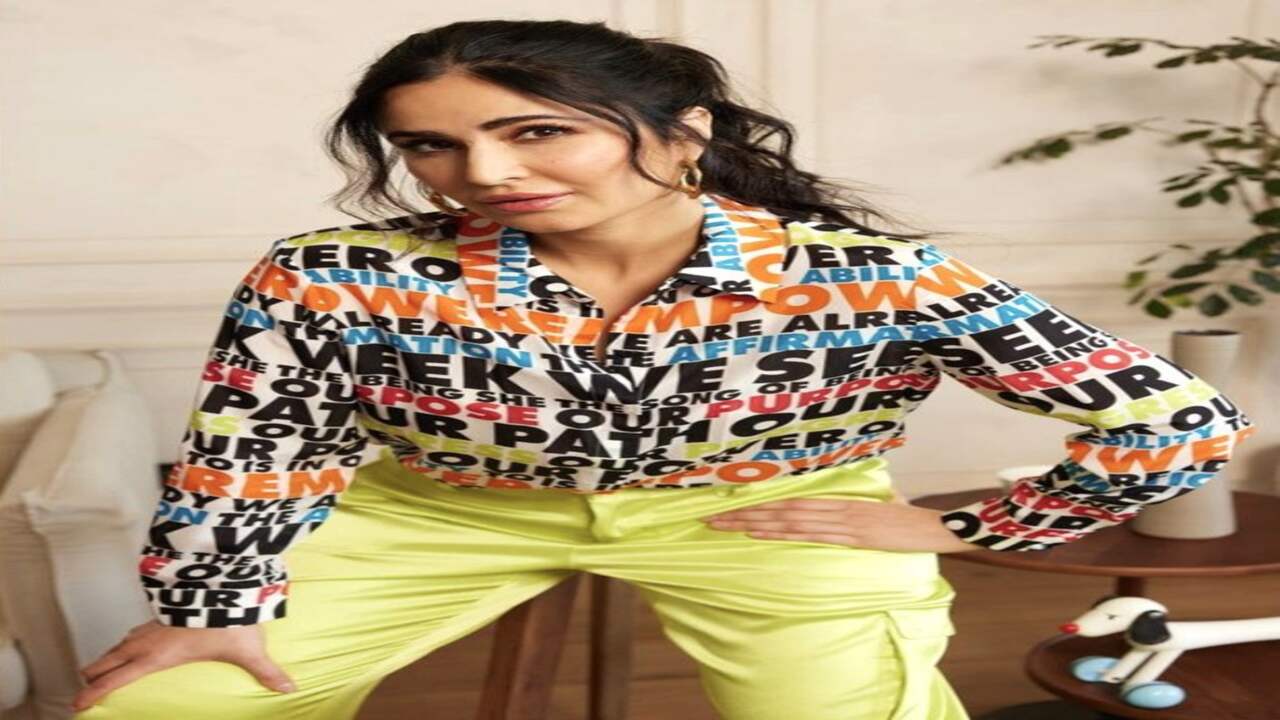 Katrina Kaif made a quirky fashion statement in a graphic shirt with neon satin pants for Phone Bhoot promotions