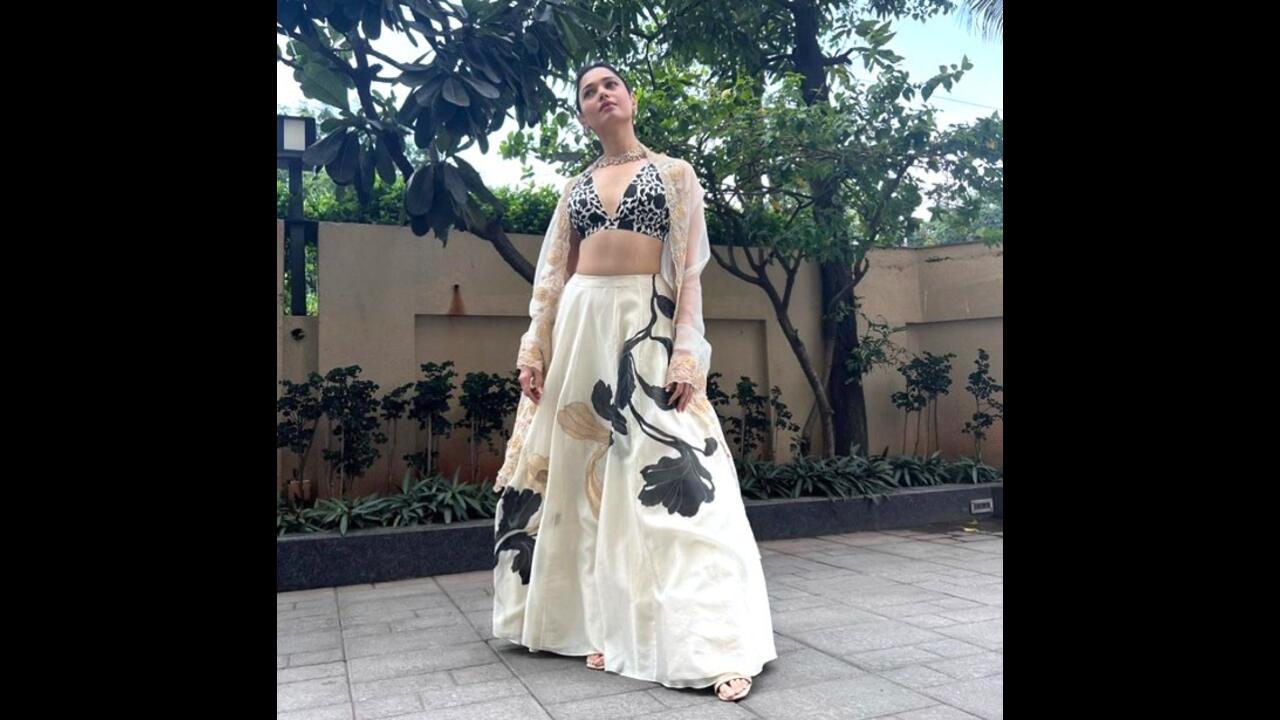 Tamannaah Bhatia looks beautiful in Devnaagri’s Rs. 58K monochrome printed lehenga