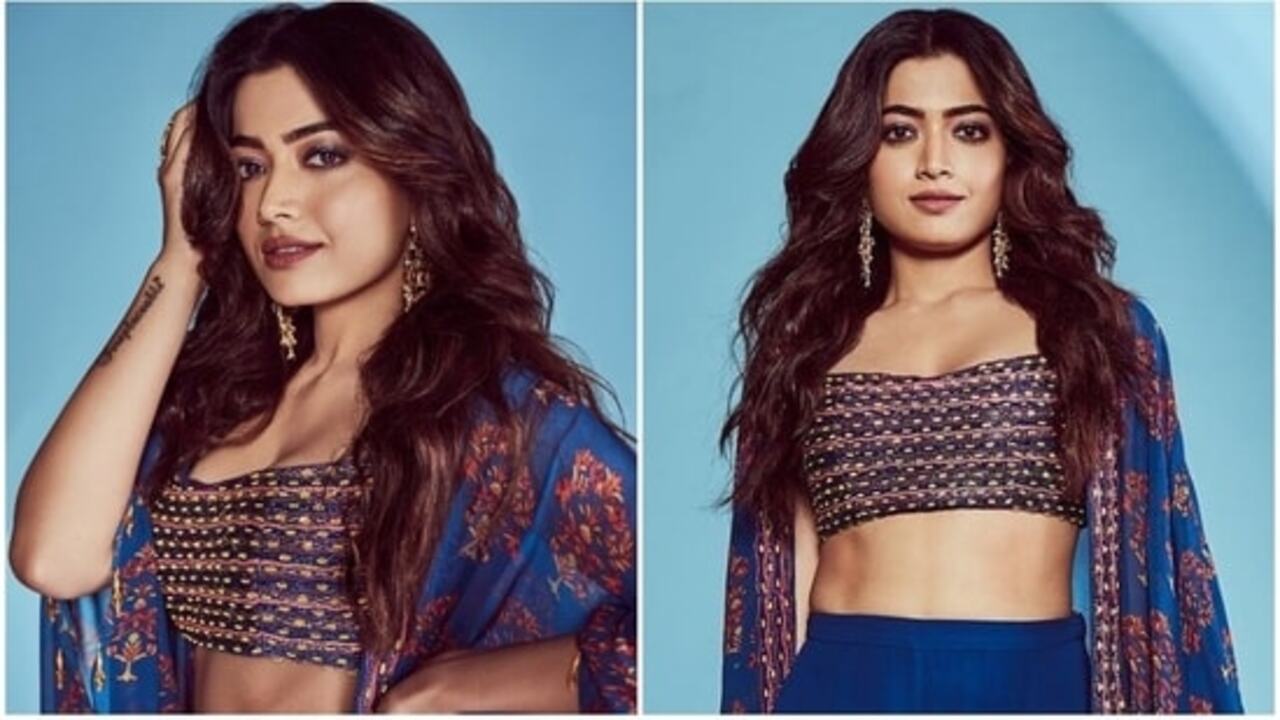 Rashmika Mandanna in an embellished crop top, palazzo pants, and floral cape jacket for Goodbye promotions