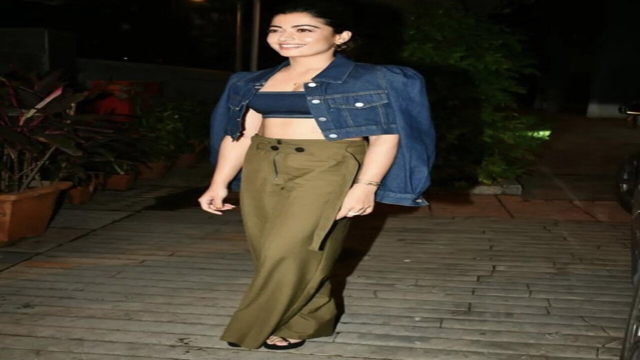 Rashmika Mandanna looks really stylish while wearing a denim crop top and olive green pants