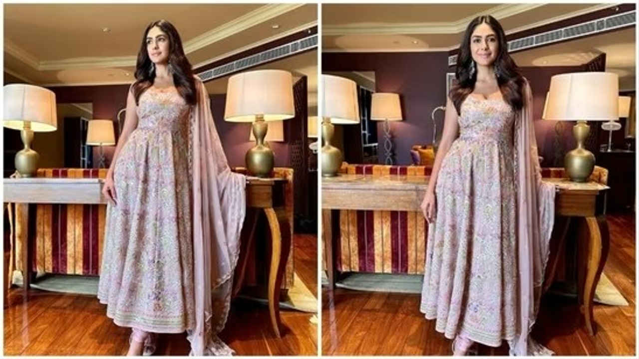 Mrunal Thakur slays in an exquisite pastel pink anarkali by Anita Dogre