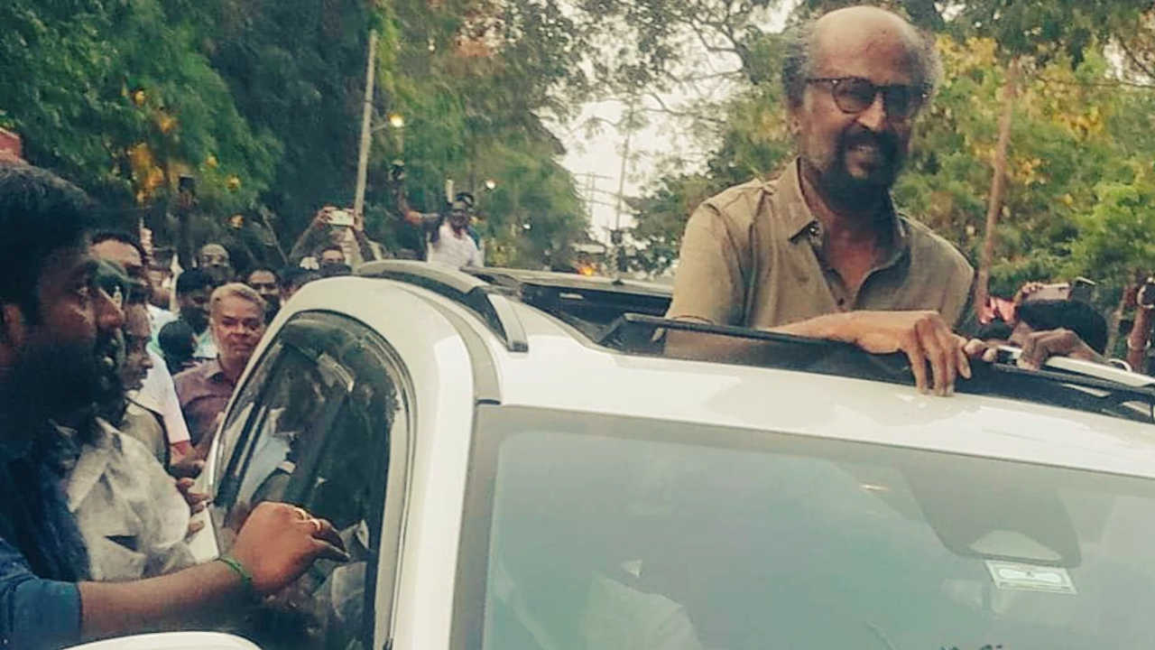 Rajinikanth greets fans waiting outside Laal Salaam sets in Pondicherry